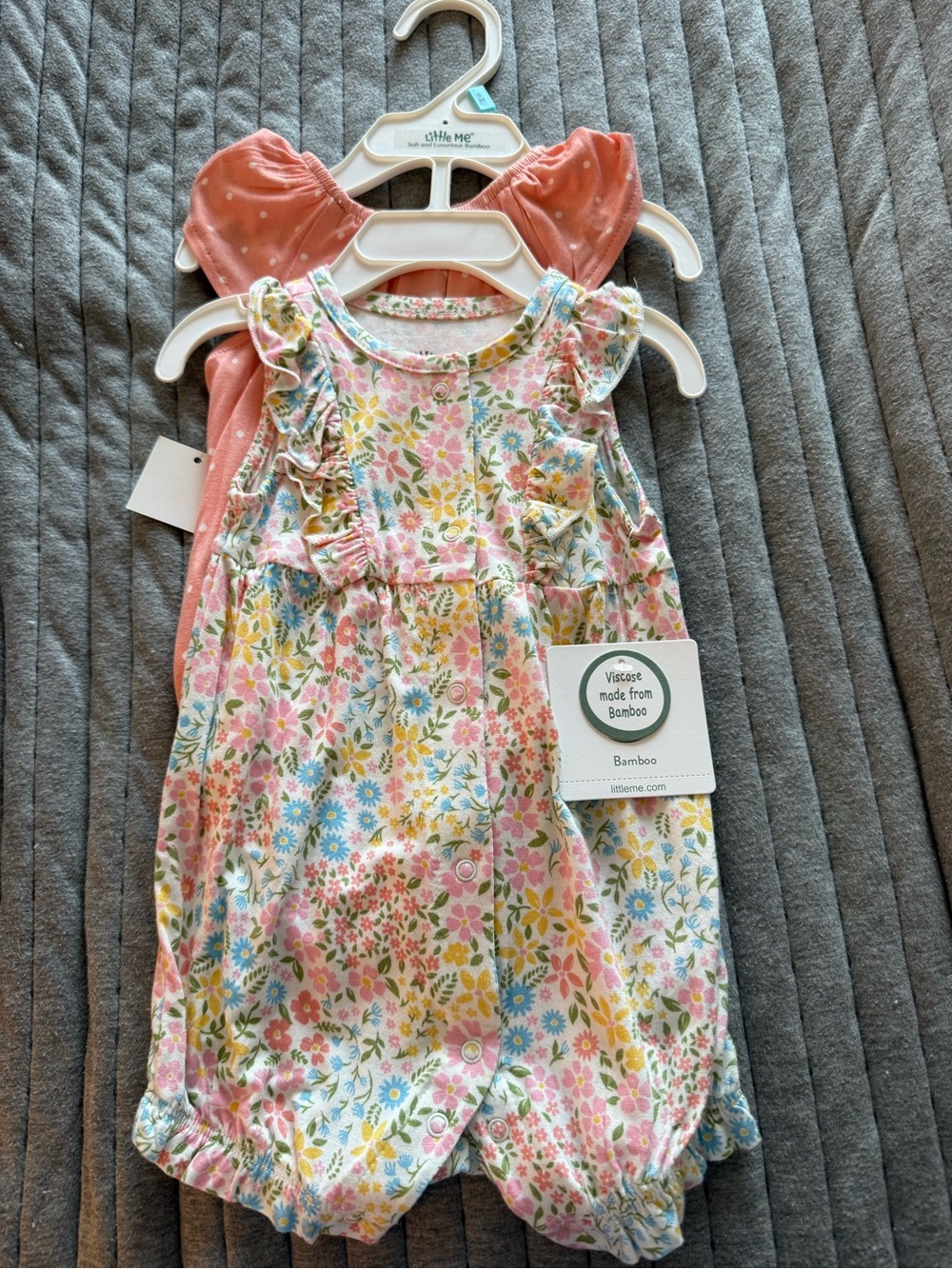 Little Me Pastel Floral Ruffle Romper with Coral Undershirt
